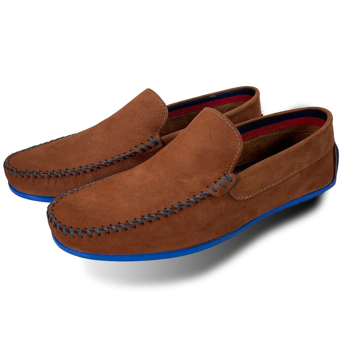 Men's Tan Leather Driving Shoes Blue Soles Coogan London