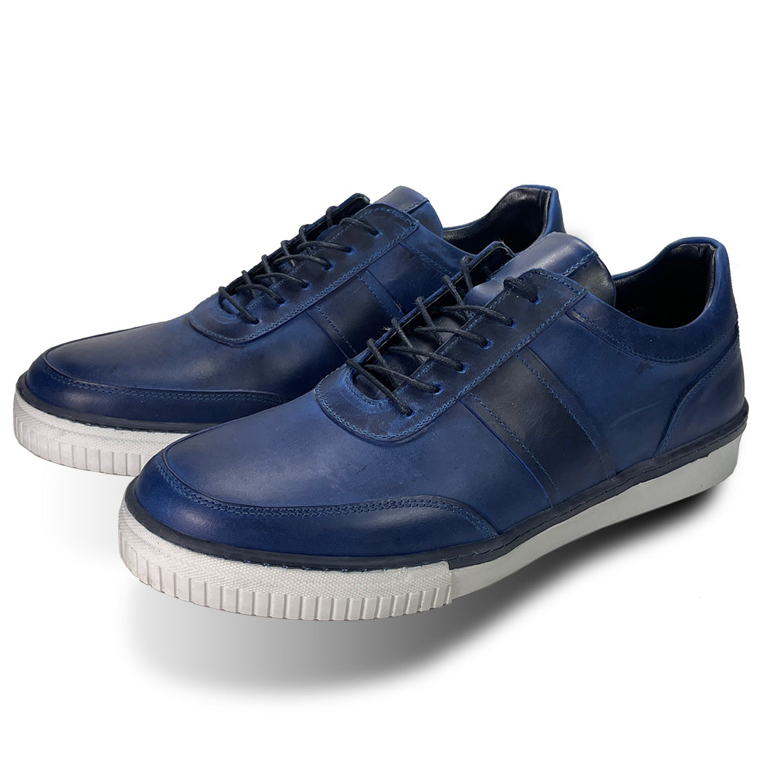 Men's Leather Trainers Blue Shoes White Soles - Main Image