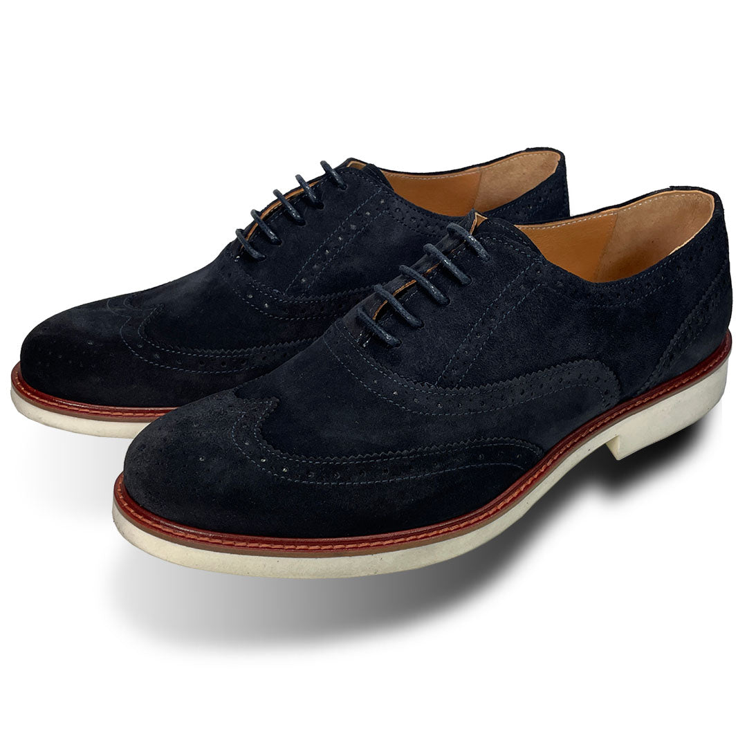 Men's Blue Suede Brogue Shoes White Soles - Main Image