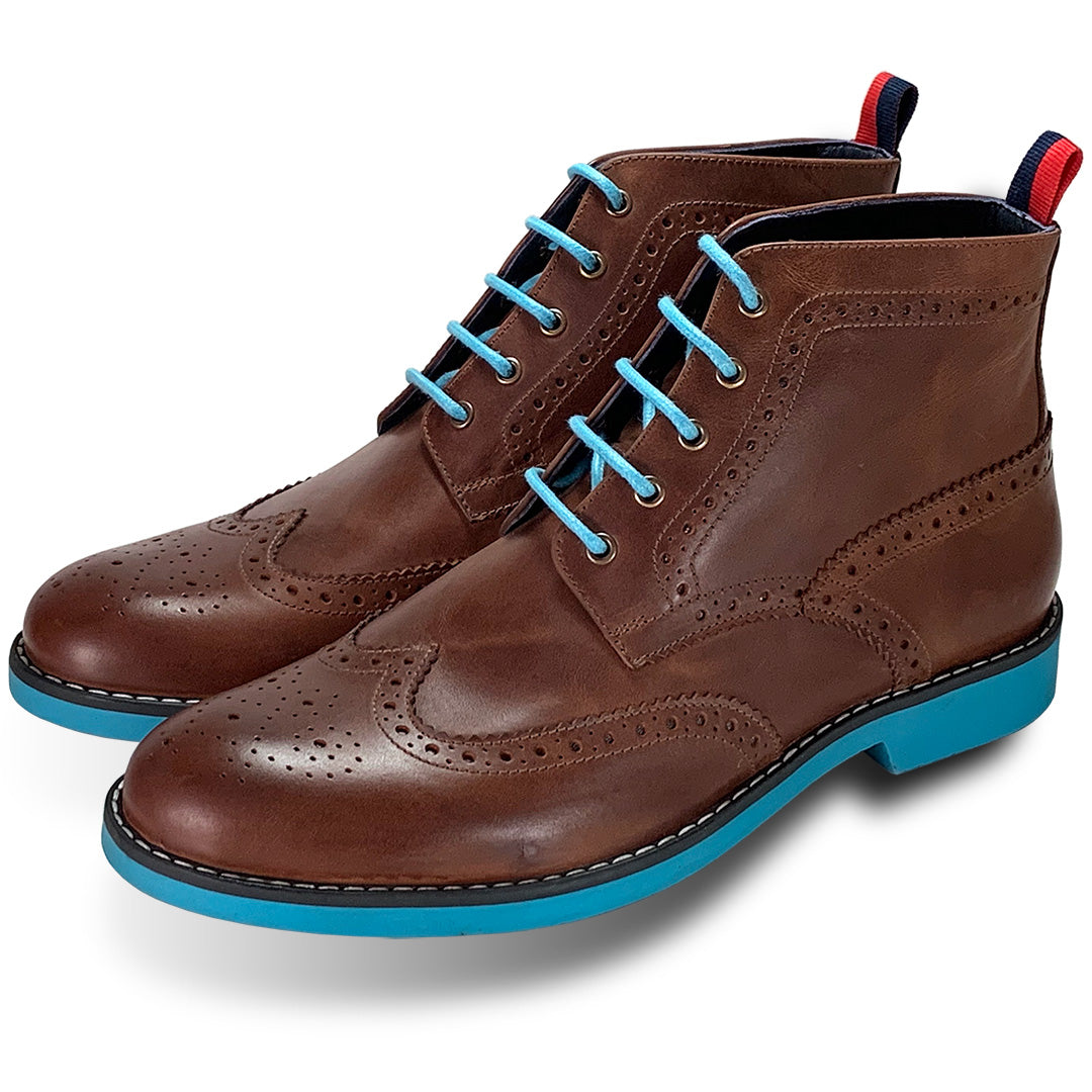 Brogue Shoes Blue Sole Shoes Men's Dark Tan Leather Brogue Boots