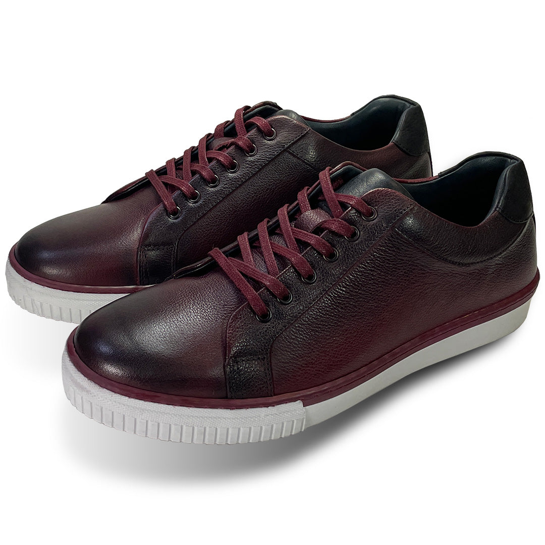 Men's Leather Trainers Burgundy Shoes White Soles