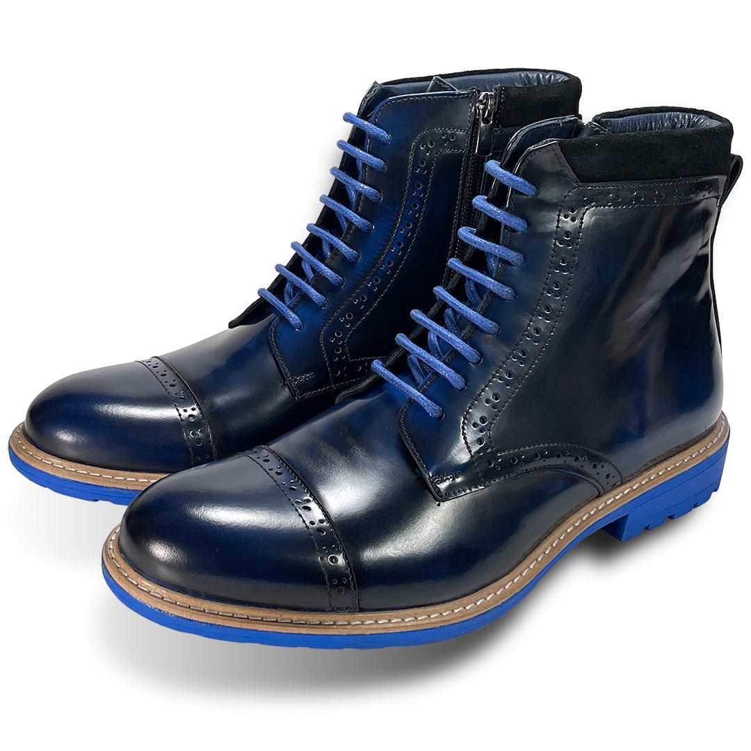 Men's Blue Polished Leather Brogue Boots Blue Soles