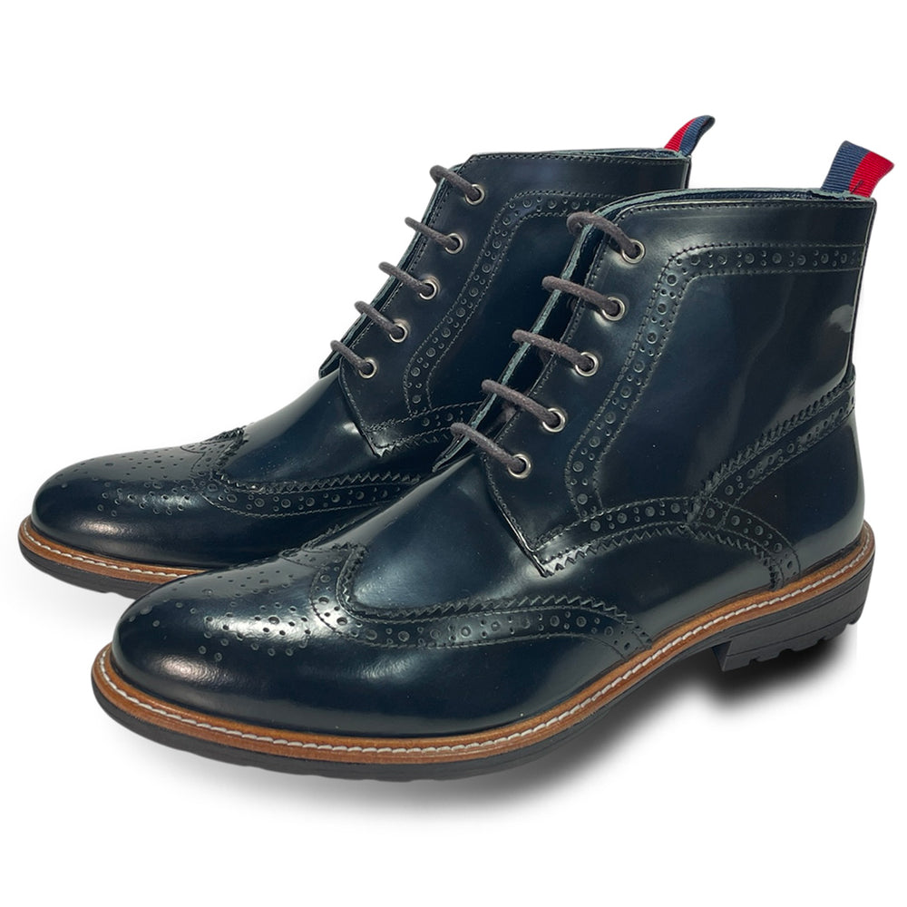 Men's Blue Polished Leather Brogue Boots