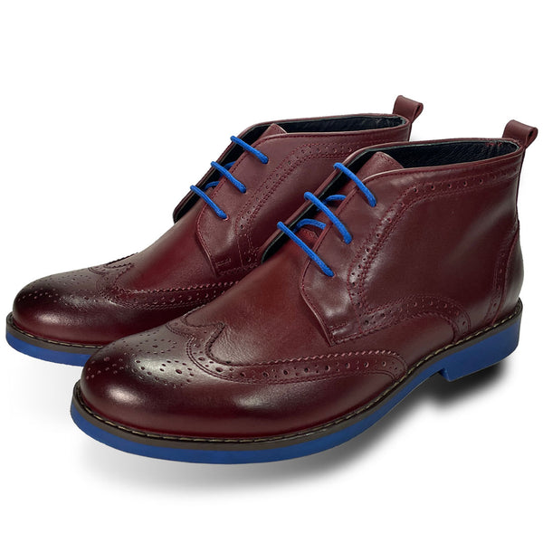 Men's Oxblood Leather Brogue Boots Blue Soles - Main Image