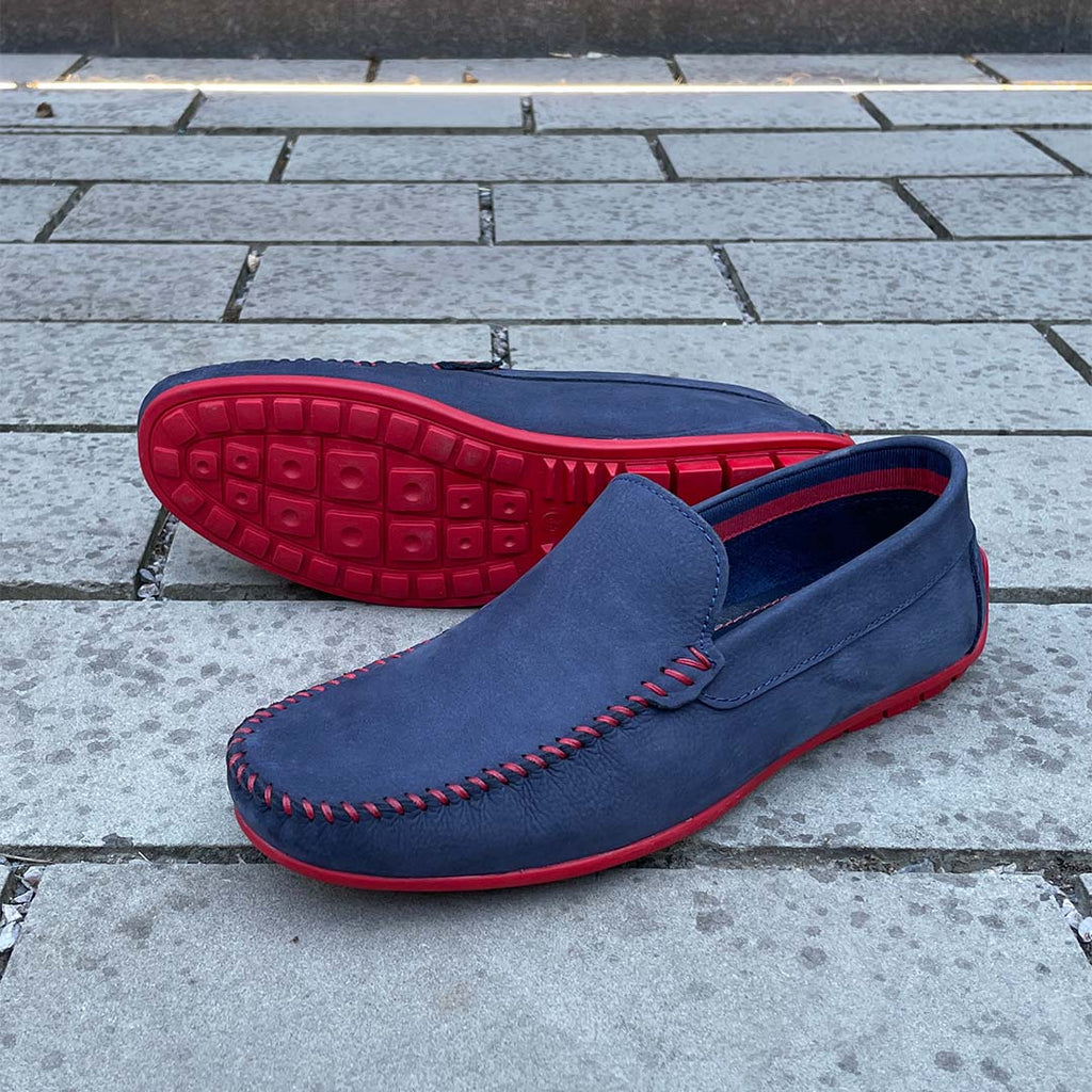 Men's Navy Leather Driving Shoes Red Soles Coogan London