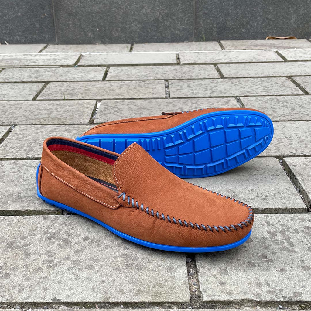 Men's Tan Leather Driving Shoes Blue Soles Coogan London