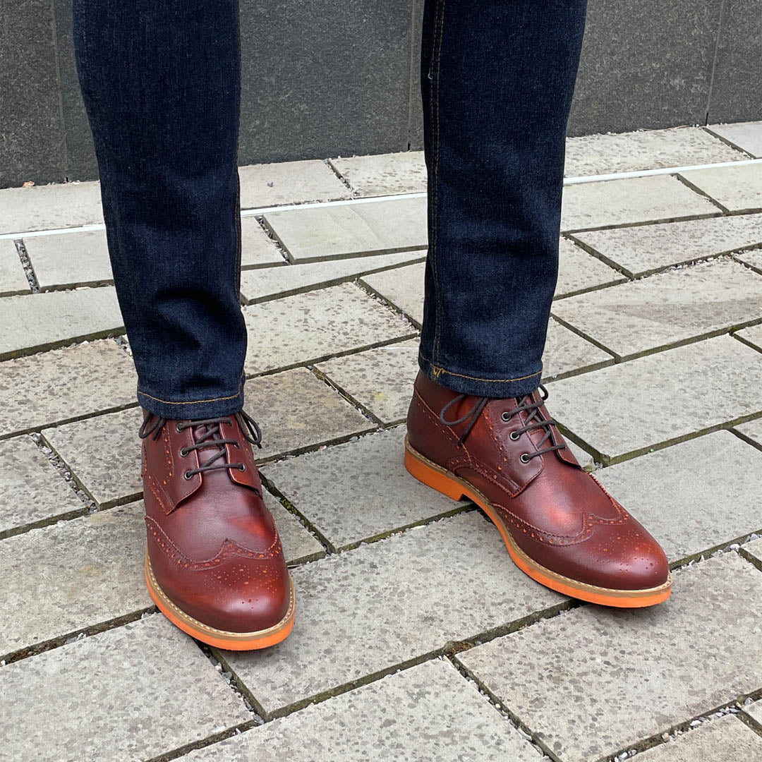Men's Brown Leather Brogue Boots Orange Soles – Coogan London