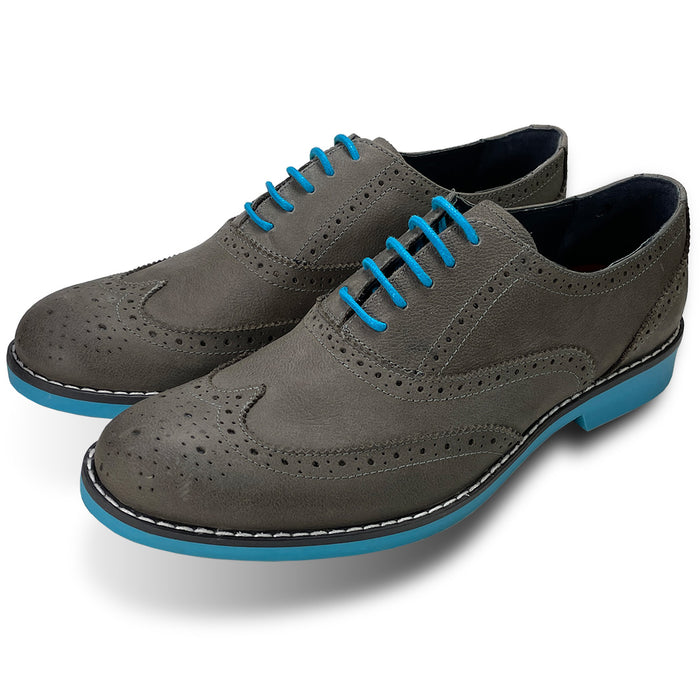 Grey Brogues Men's Waxy Leather Shoes Teal Blue Soles