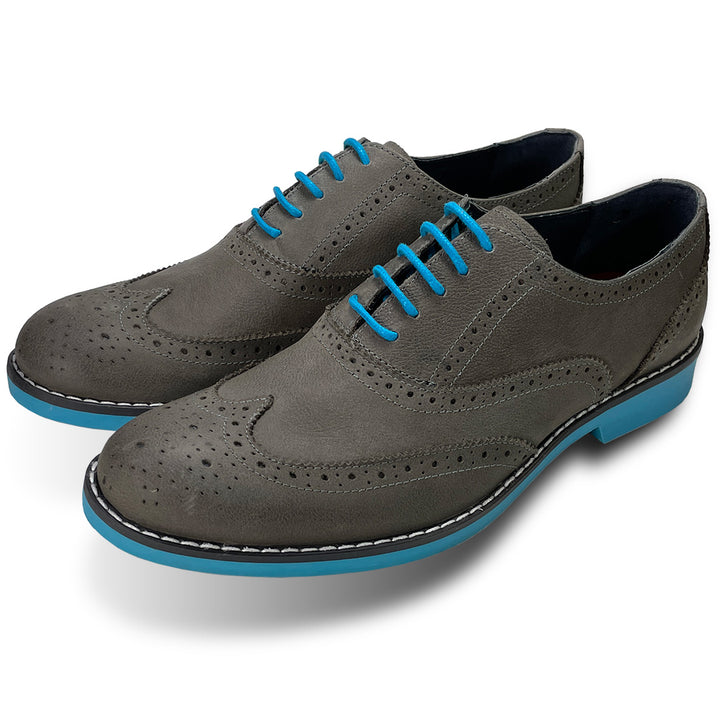 Grey Brogues Men's Waxy Leather Shoes Teal Blue Soles – Coogan London