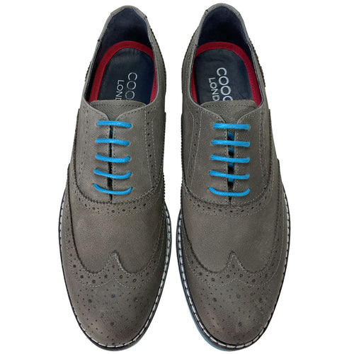 Grey Brogues Men's Waxy Leather Shoes Teal Blue Soles